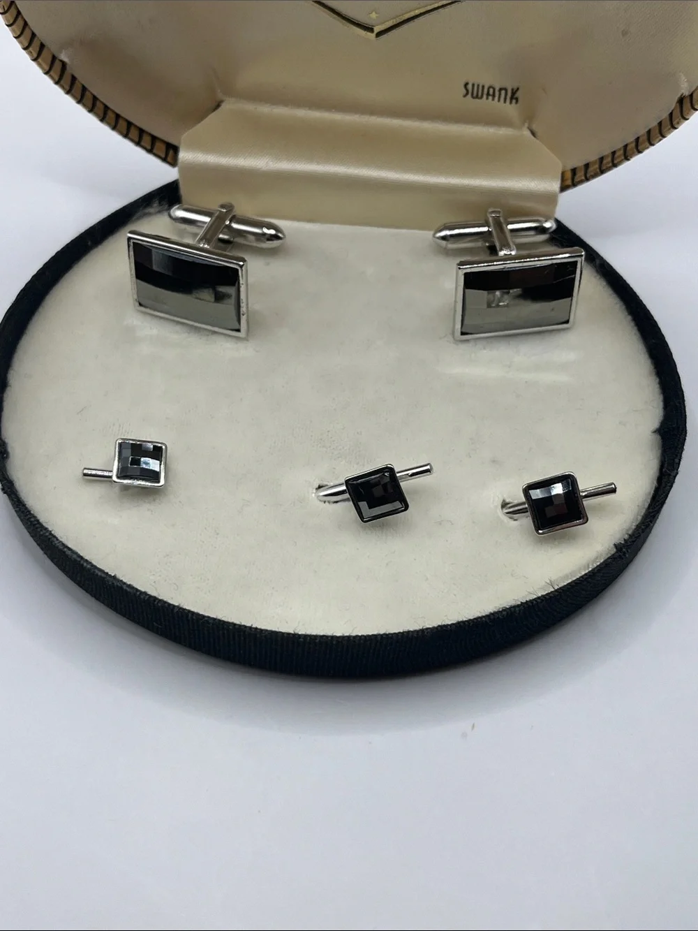 SWANK Black and Silver Rectangular Cufflinks with Matching Studs